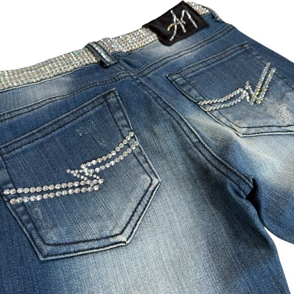A7 Swarovski Crystals Distressed Jeans Womens 25 Low Rise Sexy Cowgirl Glam Rock - Picture 11 of 15
